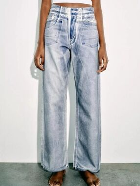 NWT Zara Loose Wide Leg Foiled Jeans Size US 0